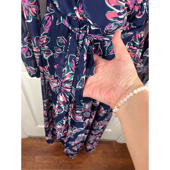 New Look Chiffon Long Sleeve Blue Floral Maxi Dress Size Medium Bohemian - Picture 9 of 10